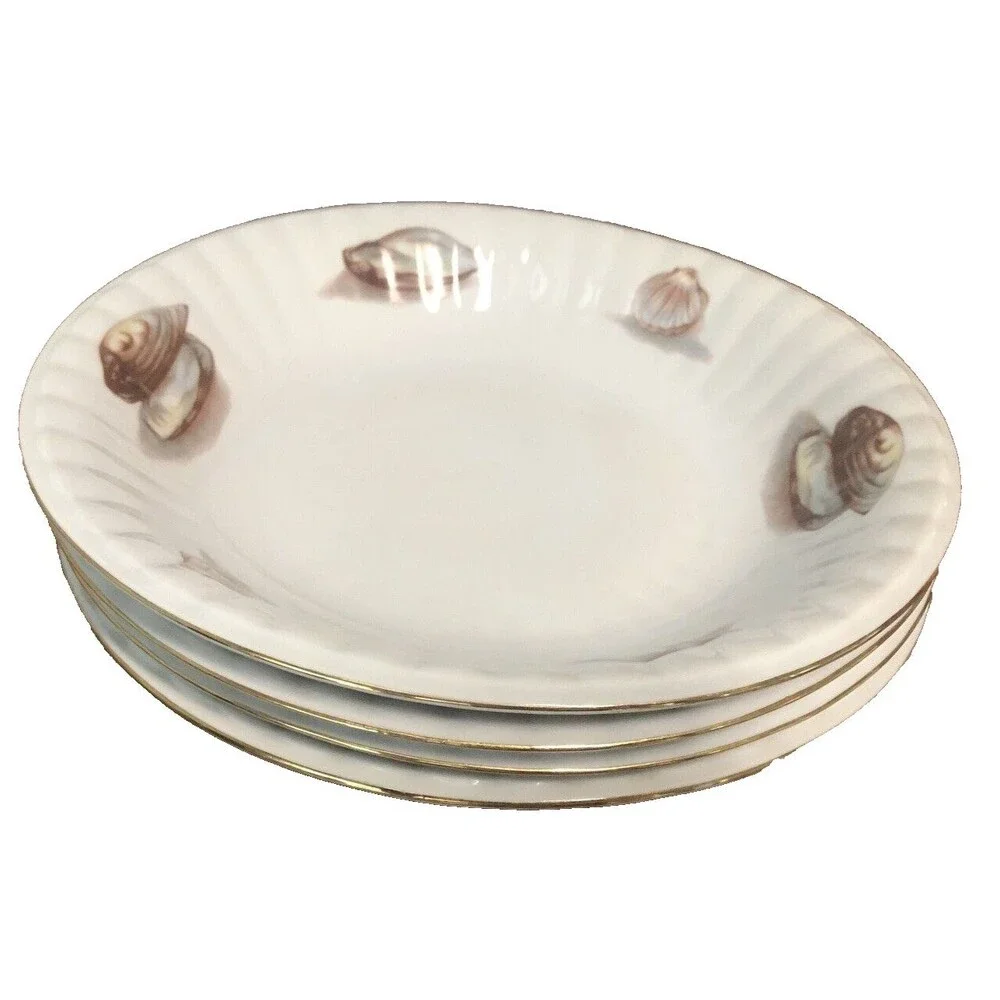 4 Wawel China Clam Oyster Bowls plain Center, Gold Trim 1950s Vintage